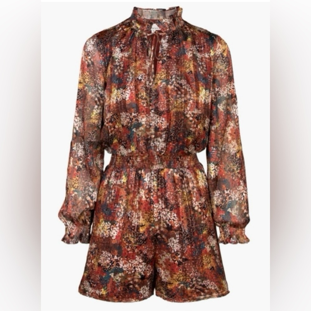 NWT Adelyn Rae Floral Romper Medium Boho Prairie Tie Neck Long Sleeve Fall